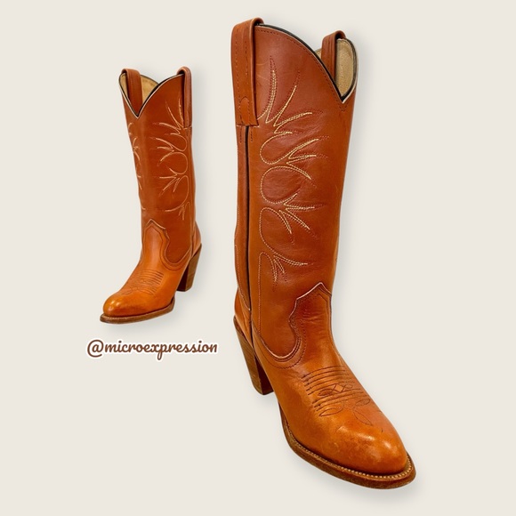 1980 VINTAGE Frye Leather Cognac Tree Art Embroidered Cowboy Heeled Western Boot